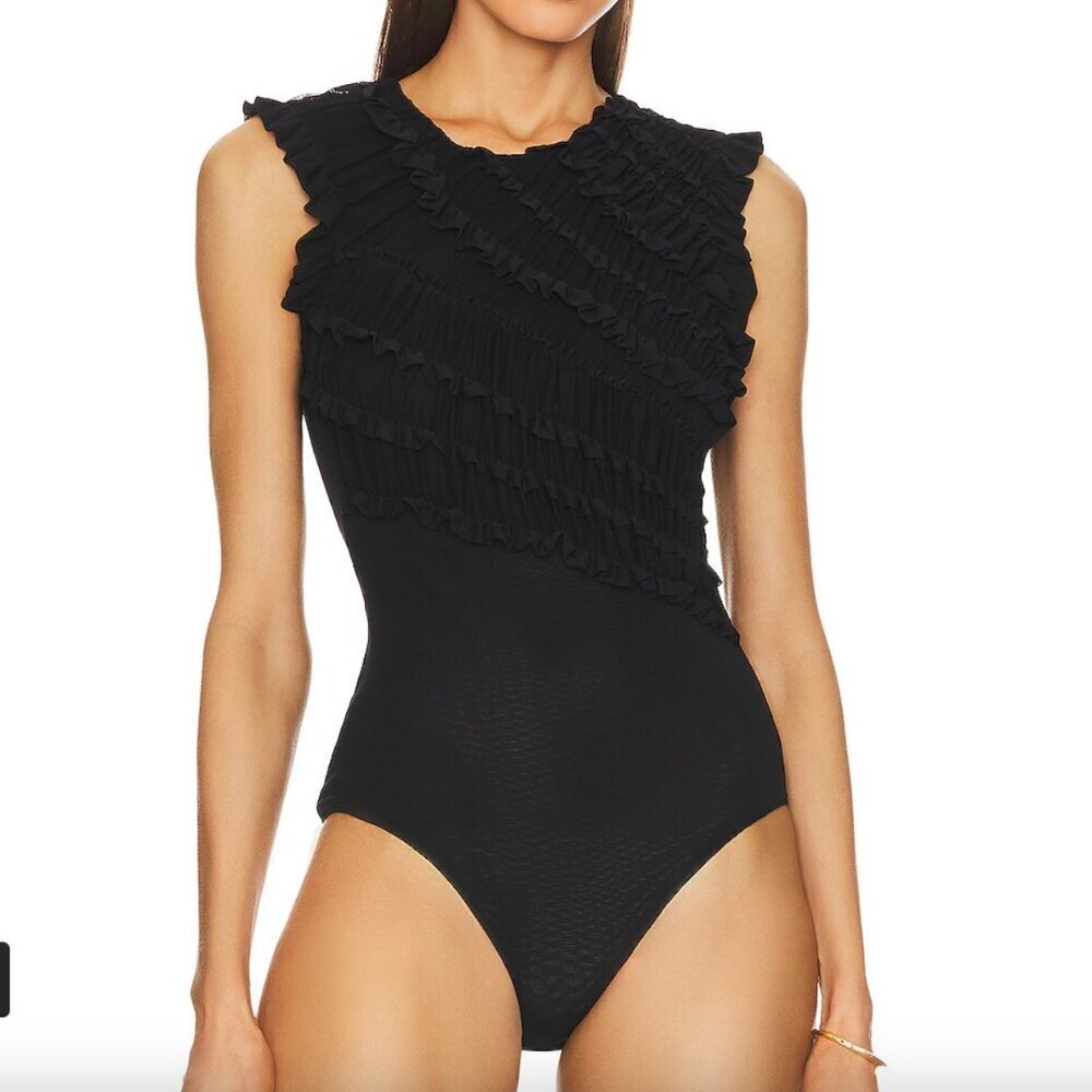 Diane von Furstenberg Edward Bodysuit Mesh Stretch Ruffled Nylon Black XS